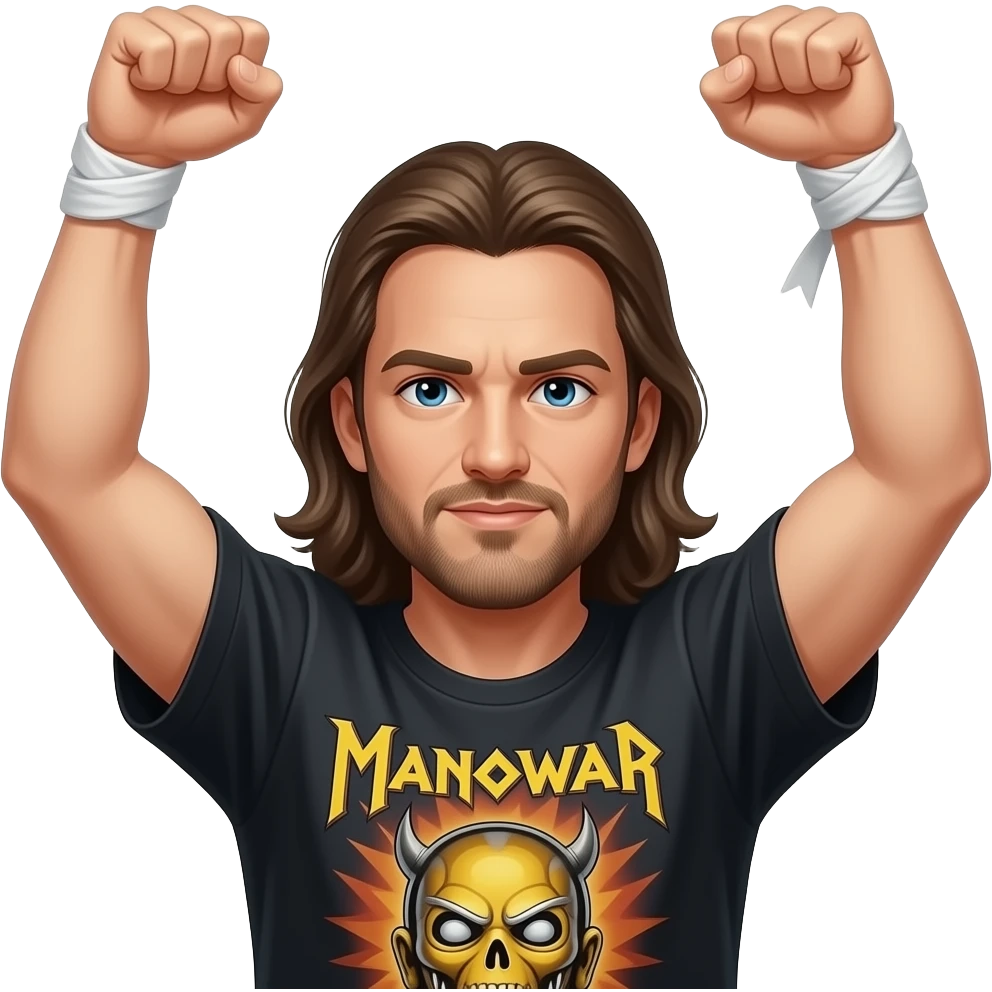 Ein Mann mit langen Haaren und Manowar T-shirt hält beide Arme über den Kopf. Die linke Hand ist zur Faust geballt und die rechte Hand umschließt das Handgelenk unter der Faust emoji