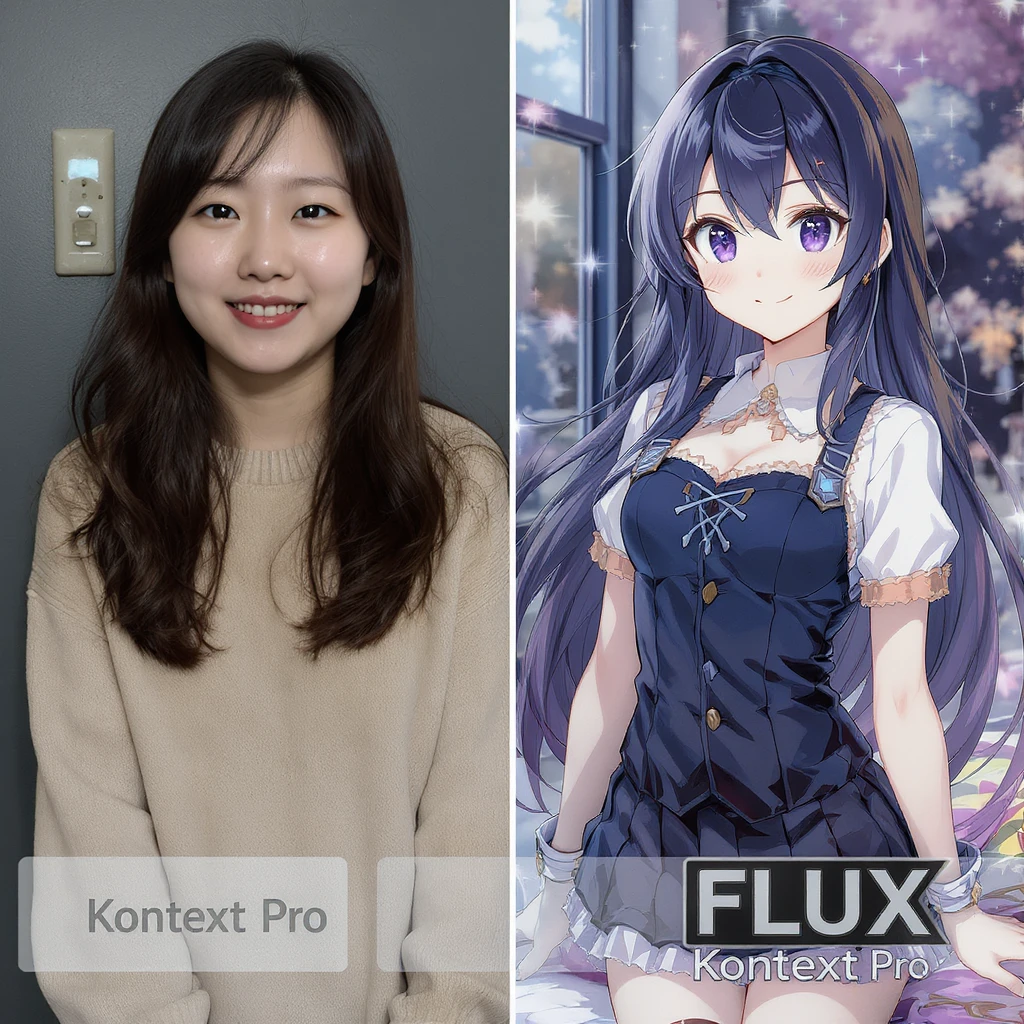 create before after image of a girl before is realsitic photo, after is anime version of her in same pose and clothes, add logo with text of a "FLUX Kontext Pro" emoji