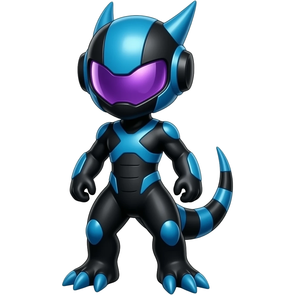 black-blue Genesect-Raptor-Fakémon—hybrid with a futuristic visor-helmet full body a shiny black-purple Genesect-Raptor-Fakémon—hybrid with a futuristic visor-helmet full body emoji