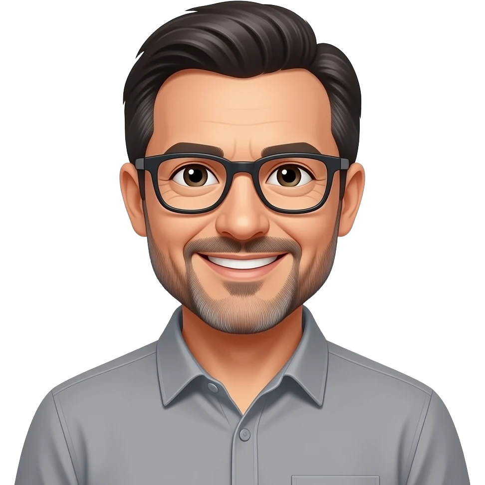 dark eyes and hair, man, smiling, happy, person, face, gray shirt, glasses, 2 days beard, fifties emoji