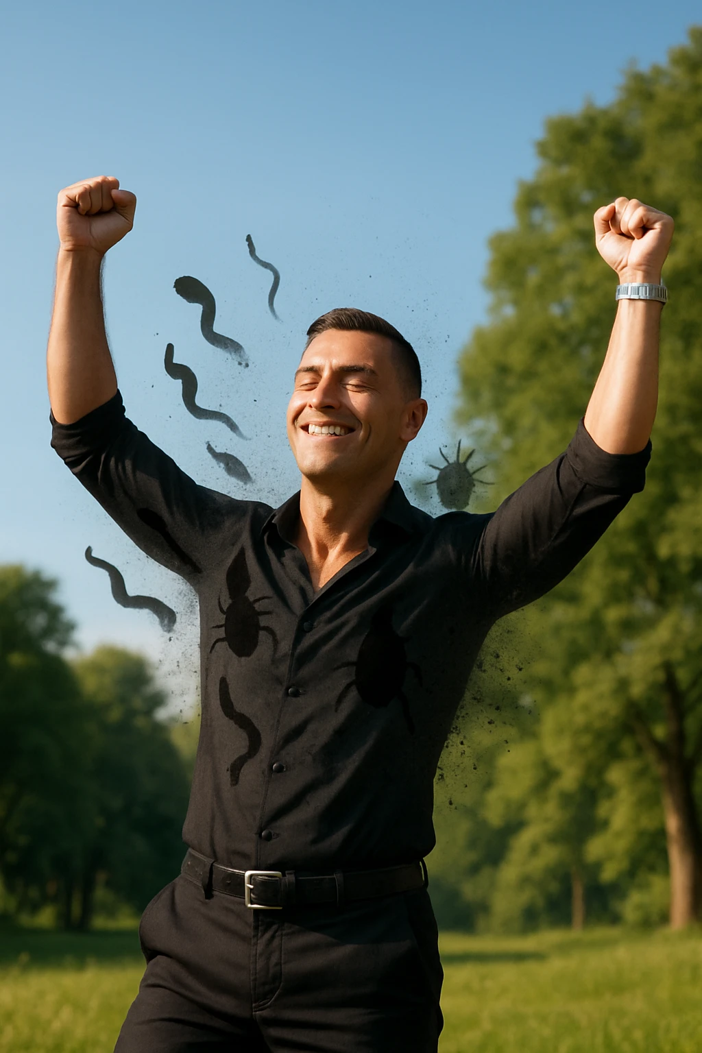 a man stands outdoors in bright sunlight, arms raised in relief and joy, while faint, shadowy silhouettes of parasites fall away from his body and dissolve into the air. His posture is upright and energetic, his expression serene and healthy. The background features green trees and a clear sky, emphasizing liberation and restored well-being. emoji