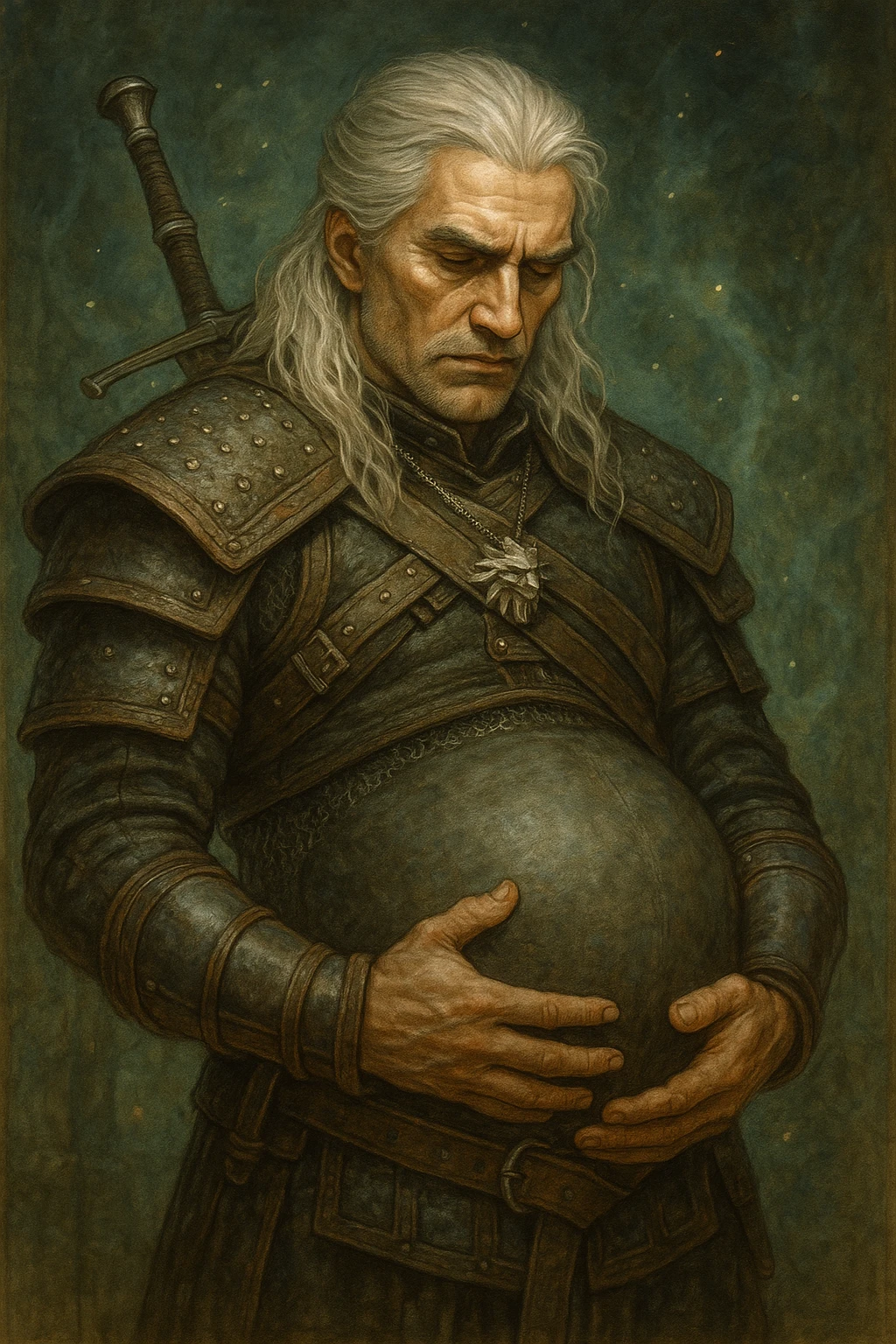 Geralt of Rivia holding his pregnant belly, detailed fantasy illustration, silver hair, medieval armor, serious expression, magical atmosphere emoji