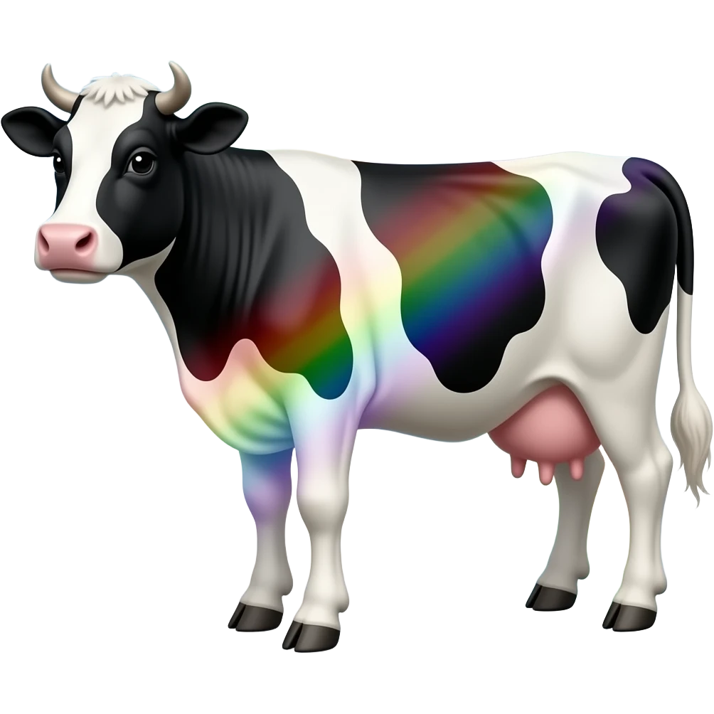 a black and white cow placed in a glass prism that shines with rainbow colors - refraction of light emoji