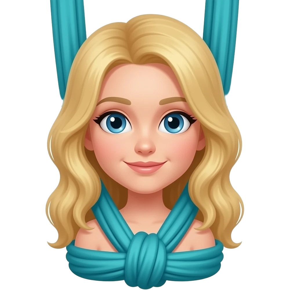 Blonde girl with blue eyes on two teal Aerial silks tied in a knot emoji