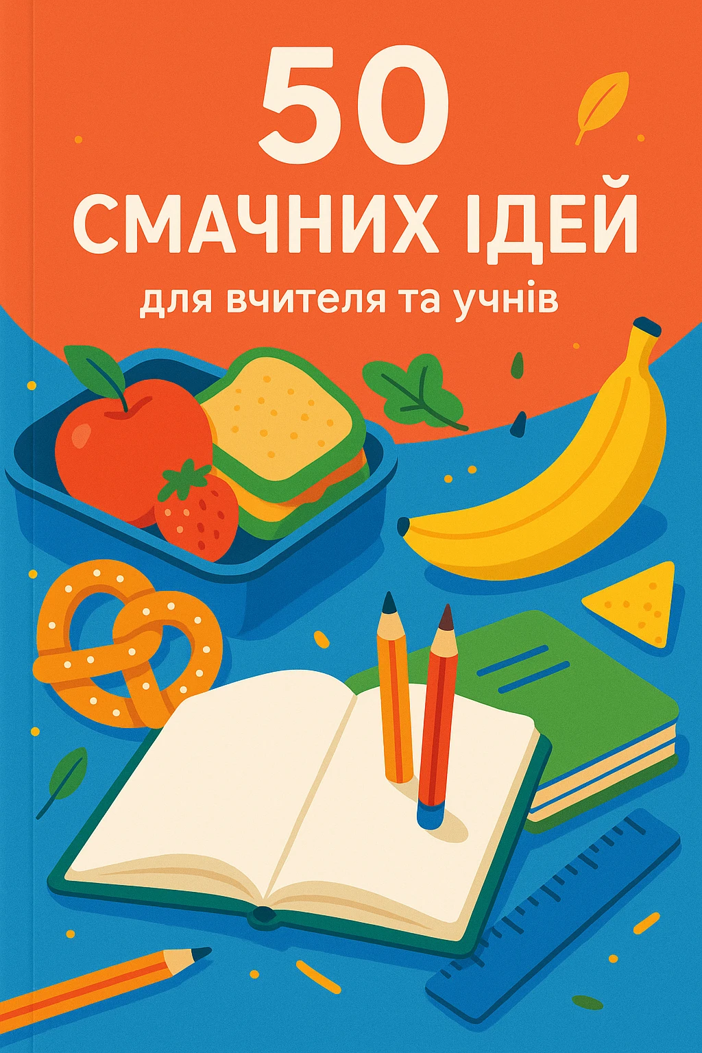 Cover of a guidebook with Ukrainian text: '50 смачних ідей для вчителя та учнів'. Modern style, composition with a book, food, and school supplies, bright colors, positive mood. emoji