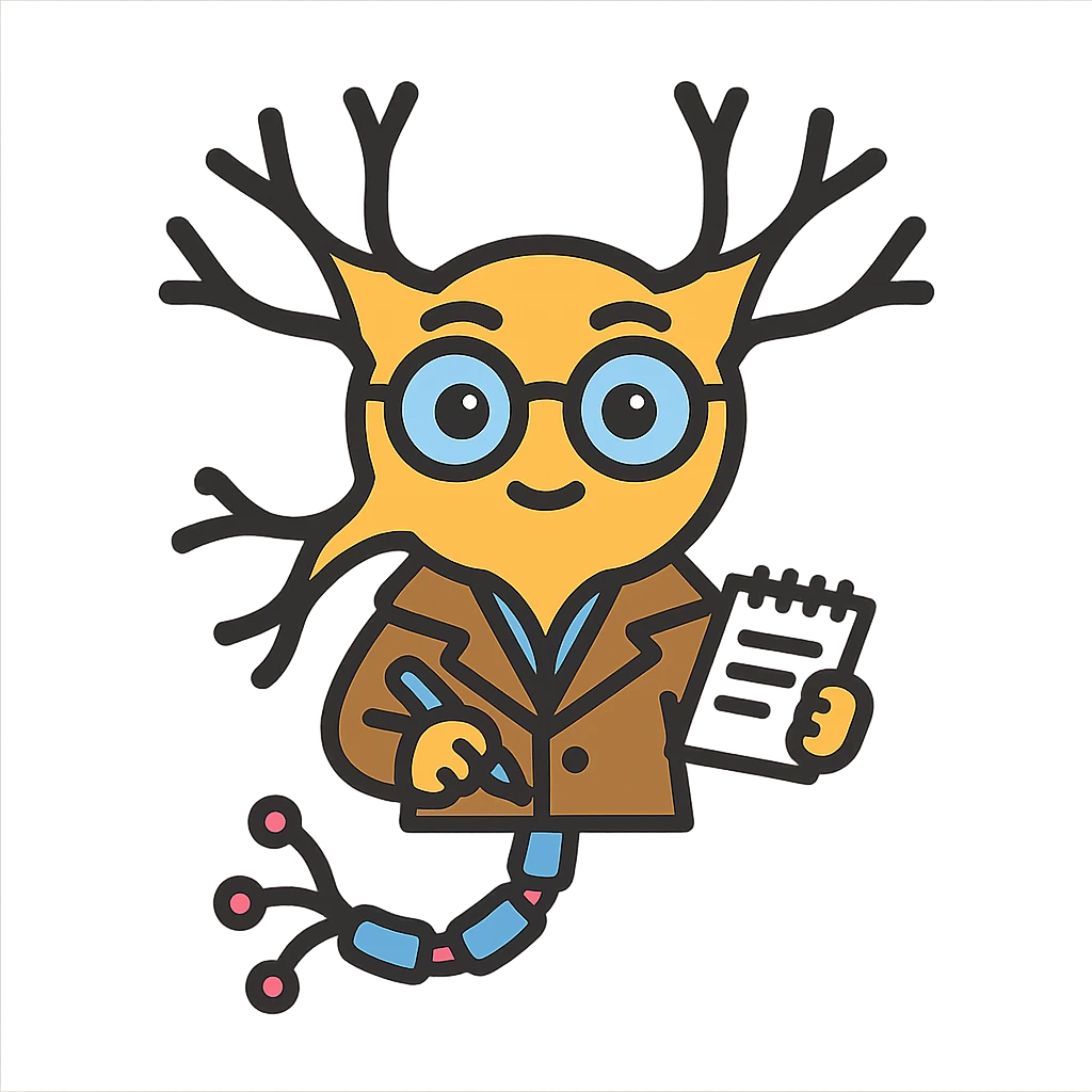 neuron with expressive eyes, wearing glasses and detective coat, holding notepad and pen, symbolizing student and detective, colorful outlined icon style emoji