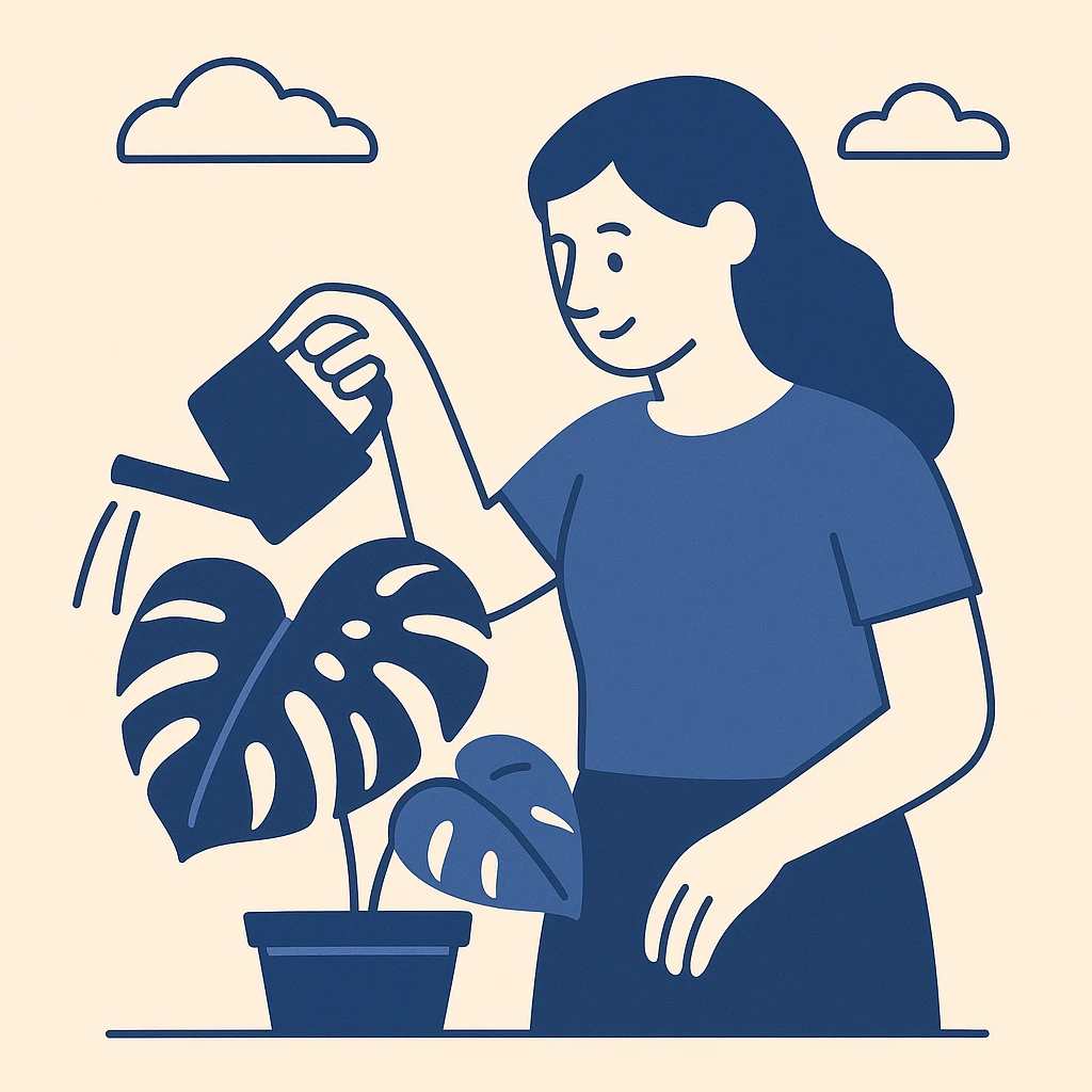 woman watering her monstera plant emoji