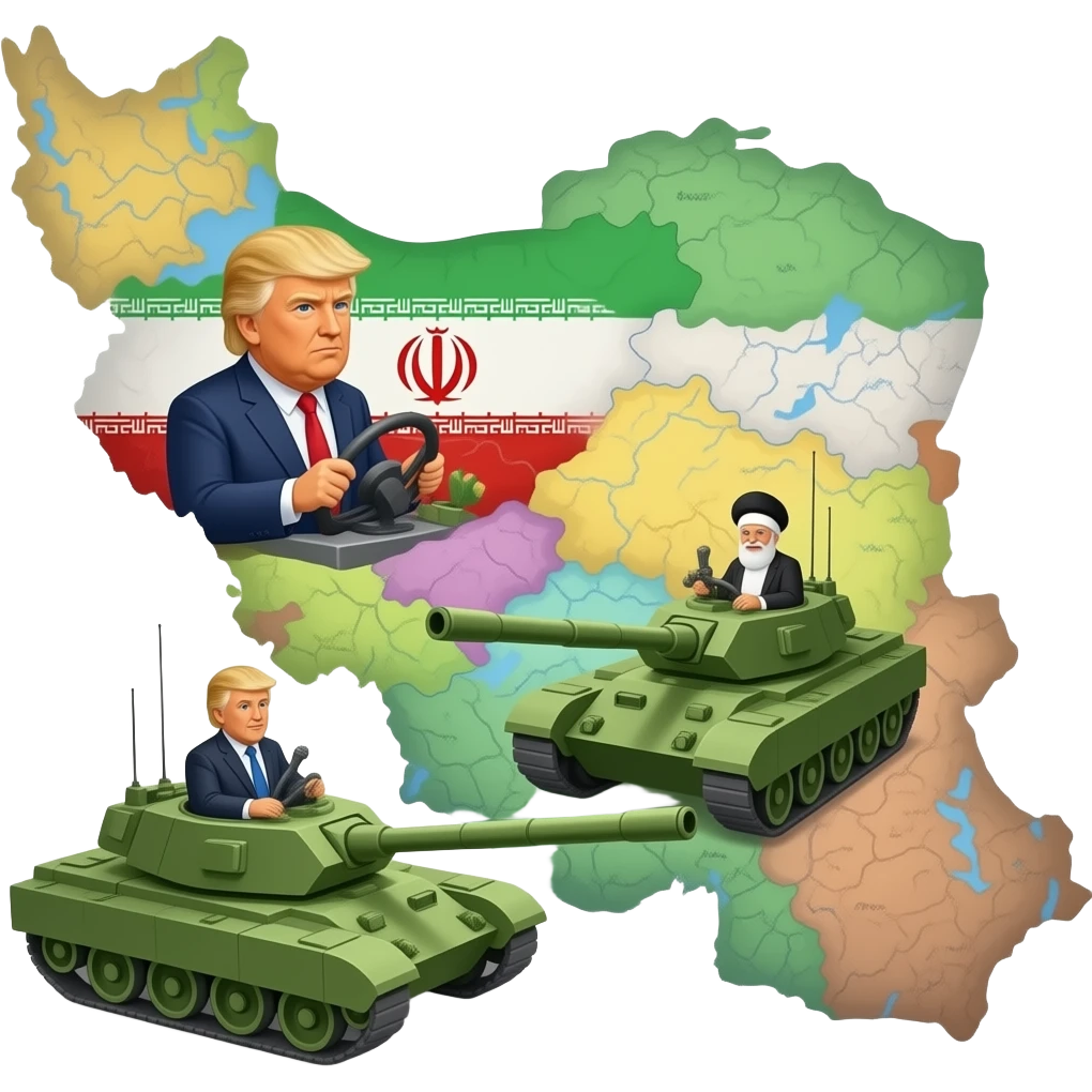 Donald J. Trump driving a tank vs Iranian president driving a tank, both on Iran map emoji