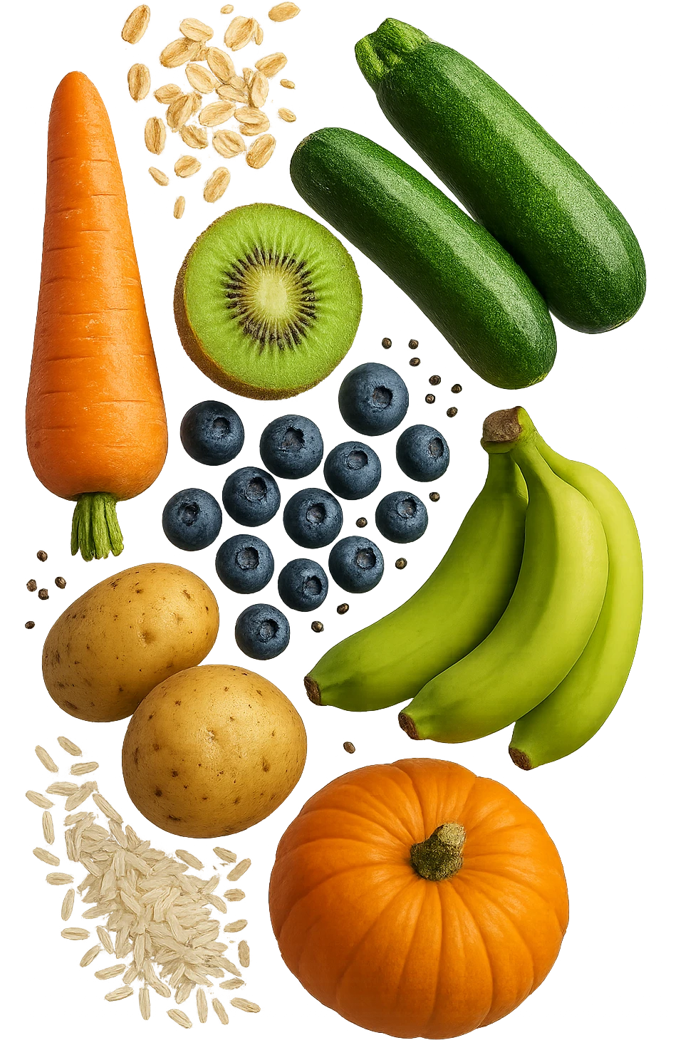 carota, fiocchi di avena, zucchine, kiwi, mirtilli, semi di chia, patate, banane acerbe, zucca, riso fluttuano in aria verticalmente, iperrealistici 4k emoji