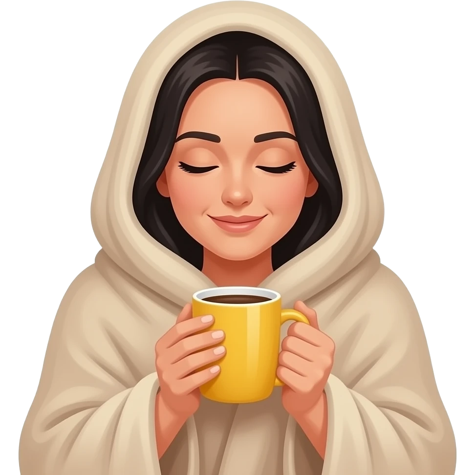 A white woman with black hair, with a large beige blanket, drinking coffee in a yellow mug, cozy and peace, iPhone emoji style emoji