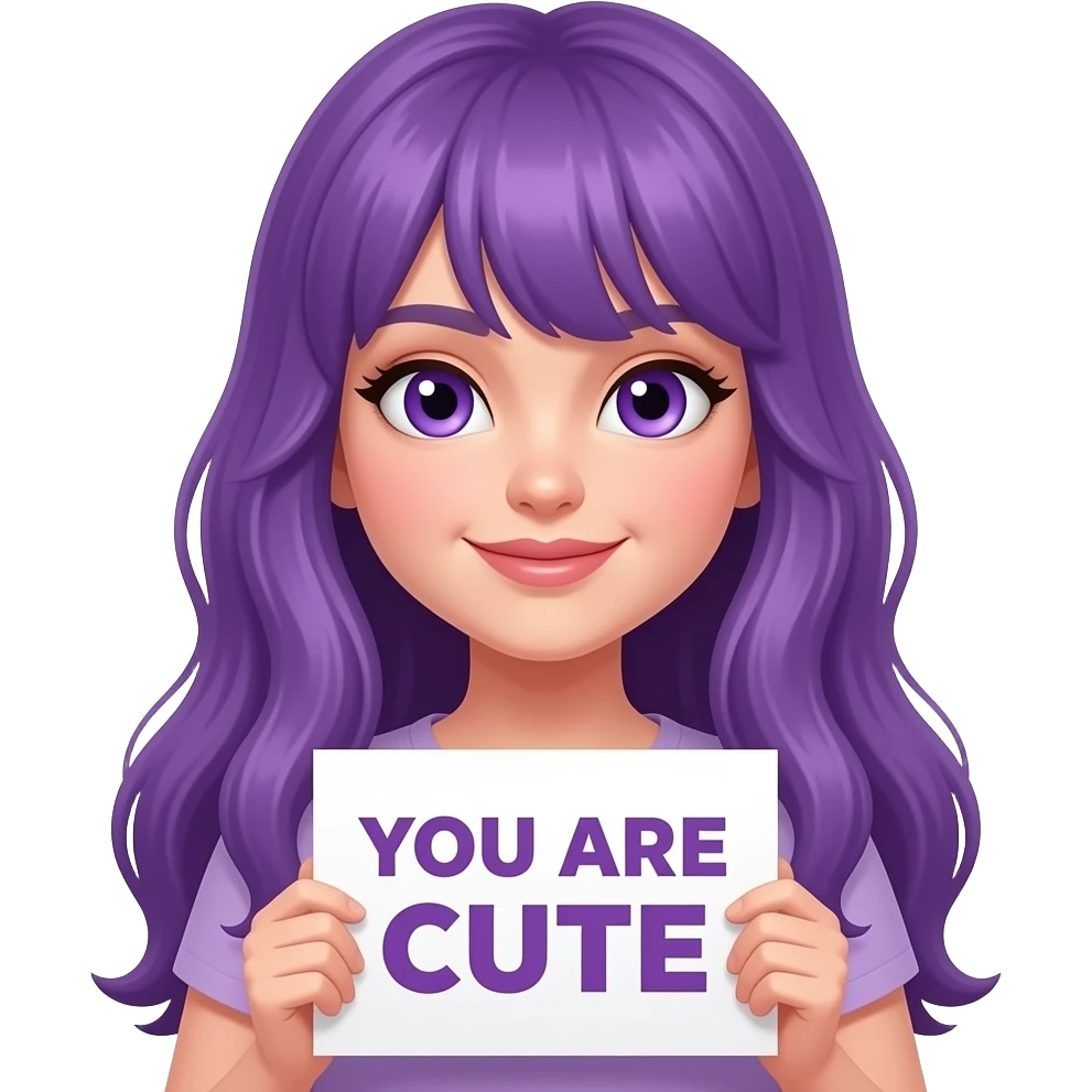 sexy girl with long purple hair and purple eyes holding a YOU ARE CUTE sign emoji