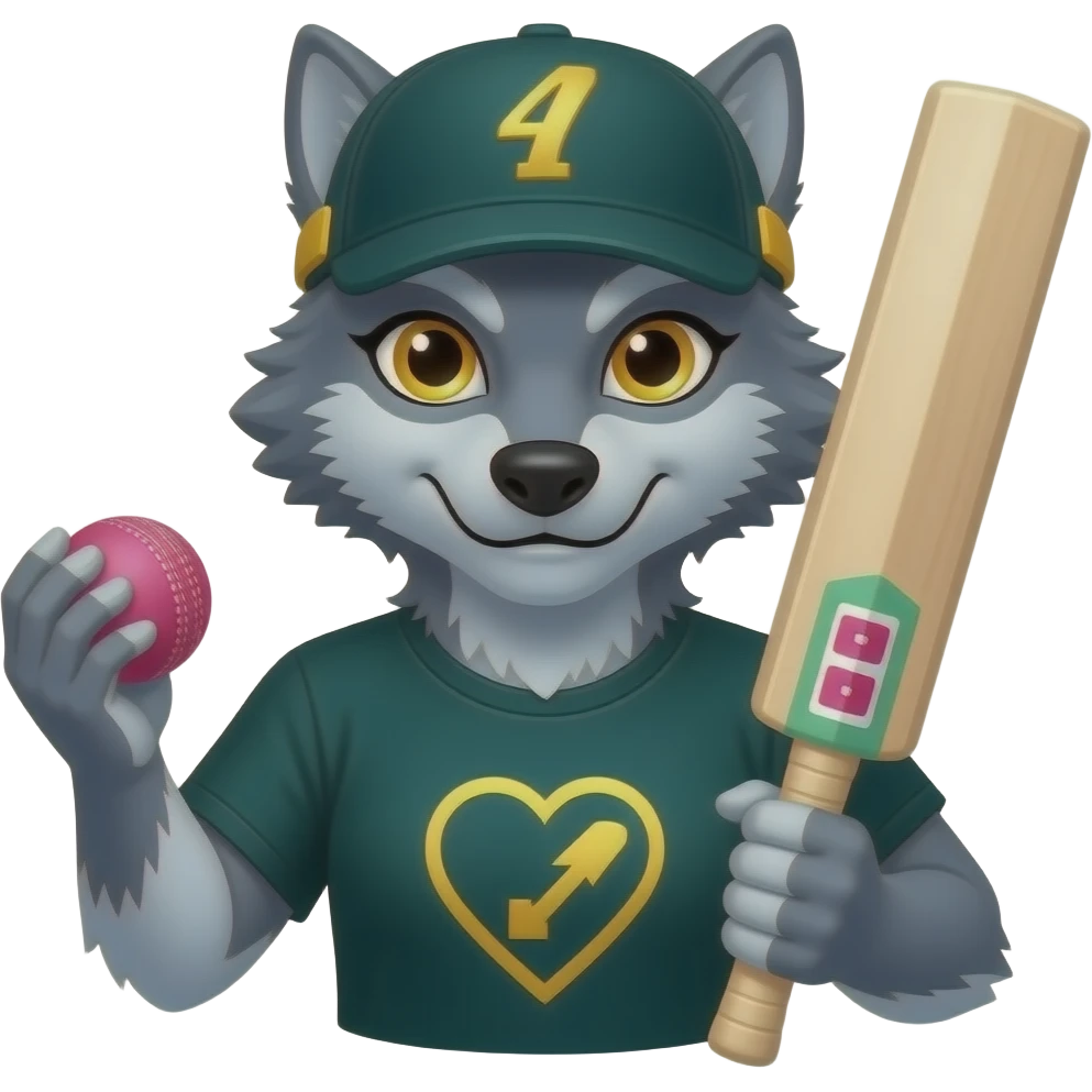 Dark Green and gold heart with a grey female adult werewolf holding a pink cricket ball and cricket bat emoji