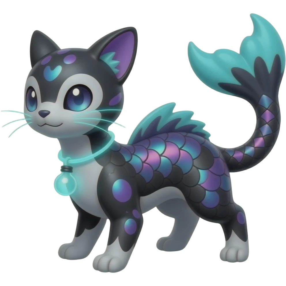 Realistic iridescent-scaled slim smooth shiny glossy elegant bioluminescent dull, furry oil-blackish oily greyish, purplish, neon-cyan, back-finned, abyss-fantasy-Zorua-Vaporeon-Sprigatito-Absol-Lykoi-Civet-Fakémon-fusion, with thin neon-glowing bulb-whiskers, koi-piebald-flecked full body emoji