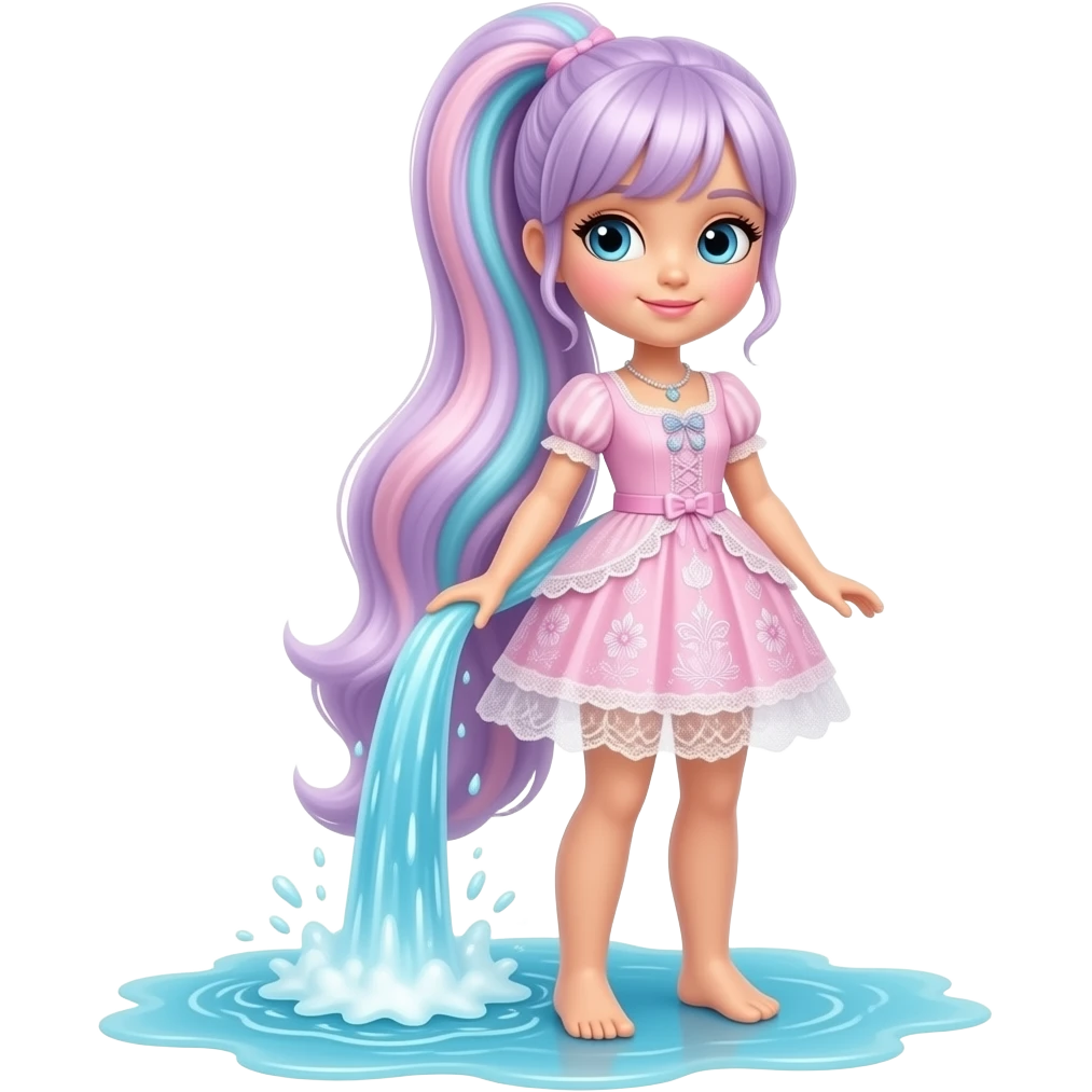 A full-body doll with a pretty ponytail falls to the floor like Niagara Falls, landing at her feet emoji