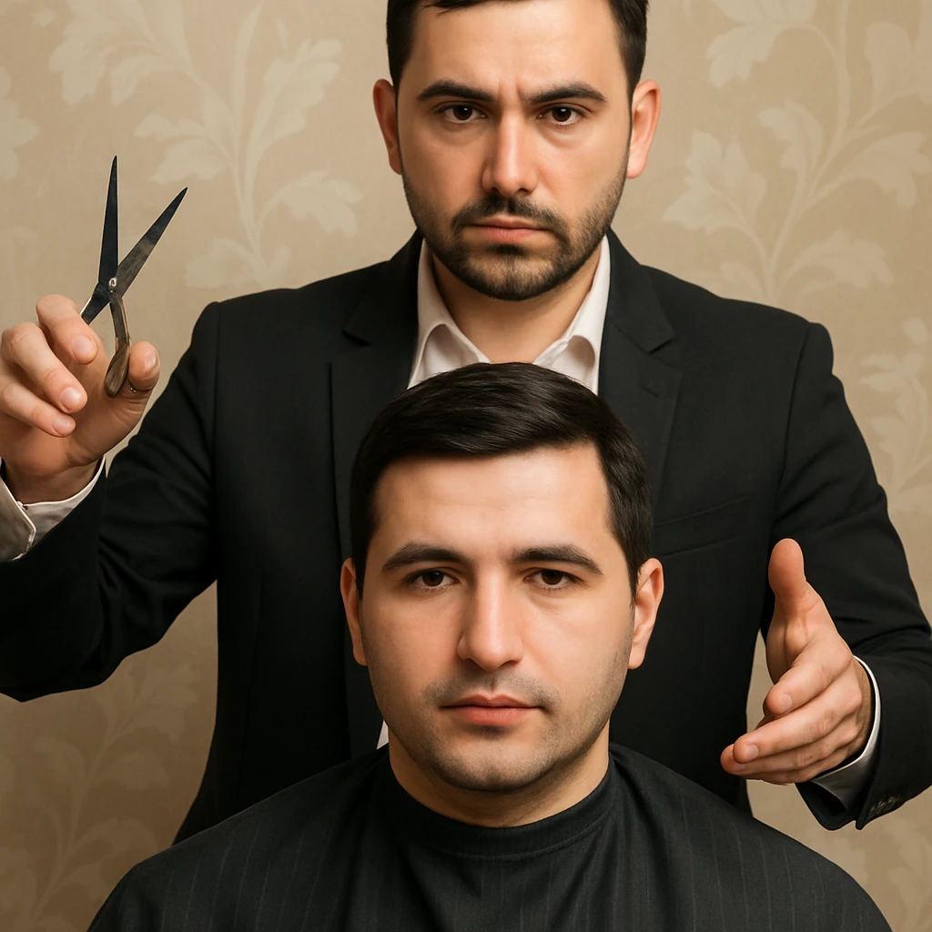 manashu akani yuzlaridan foydalanib sartarosh chizib bergin u soch olishga tayyor turganini chizib ber old rakursda bulsin mijoz tugriga qarab utirganini va sartarosh uni orqasida turib bitta ulida qaychi, ikkta quli bilan tayyorgarlik kurib turganini chizib ber xuddi 1,2,3 boshladik degandey birdaniga ishga kirishib ketadigan dek tayyor bulib tursin emoji