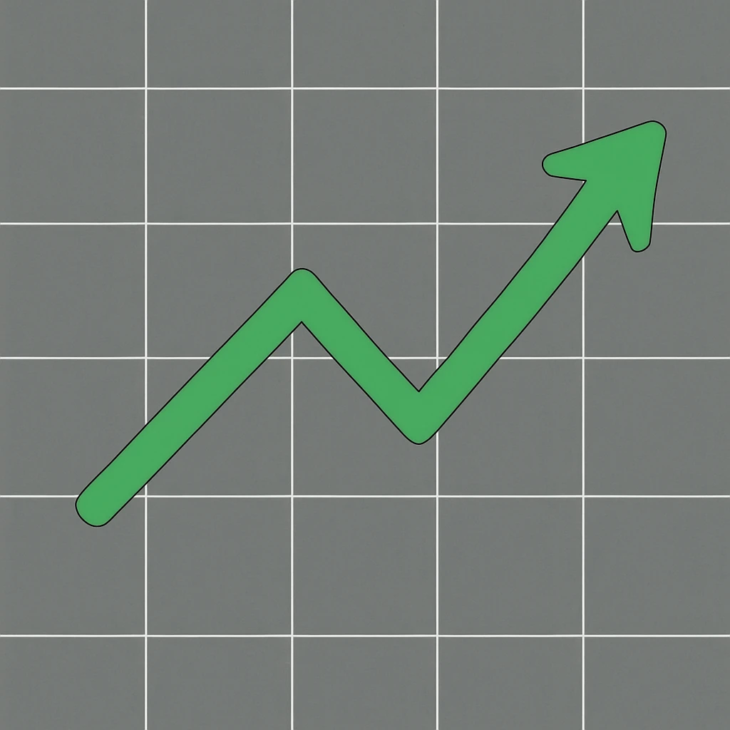 Remove the speech bubble and arrow head from the image. Set the background to gray with white grid lines. The trend line should be green. Maintain the original style and composition otherwise. emoji