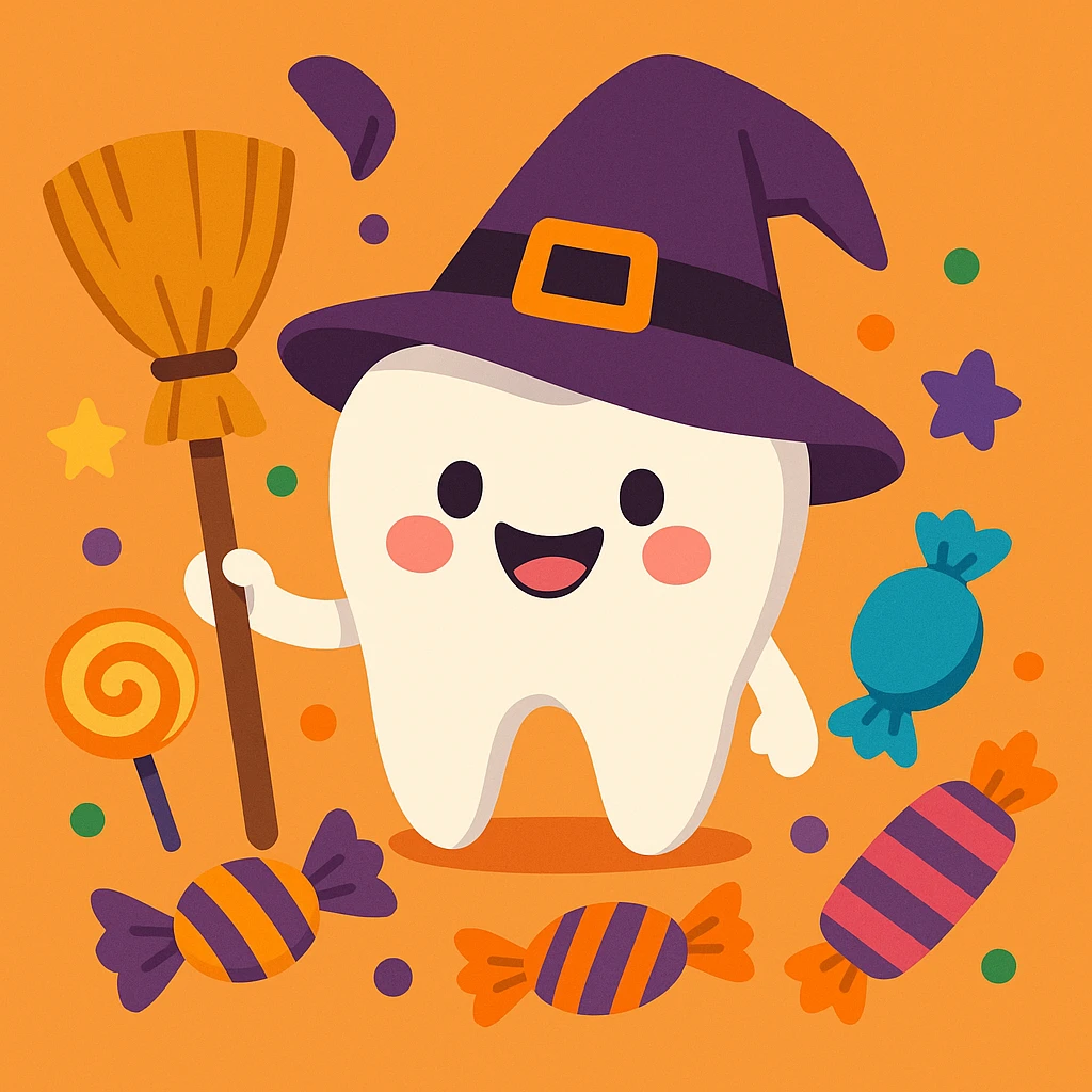 cheerful cartoon style of a tooth wearing a witch hat and holding a broom, surrounded by Halloween candies emoji