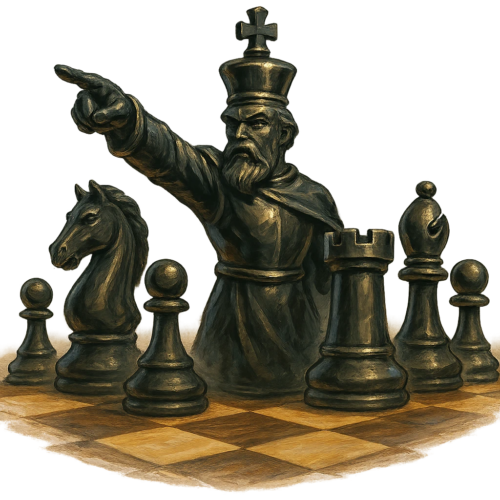 В cлегка рисованной, но при этом объемной, яркой и фотореалистичный стилистике сгенерируй картинку где по центру стоит шахматный король сделанный из качественного чёрного золота, он указывает пальцем в даль как военноначальник, а рядом фигуры пешек, конь, ладья, слон идут в атаку, на полу виднеется шахматная доска, фон позади фигур прозрачный фон emoji