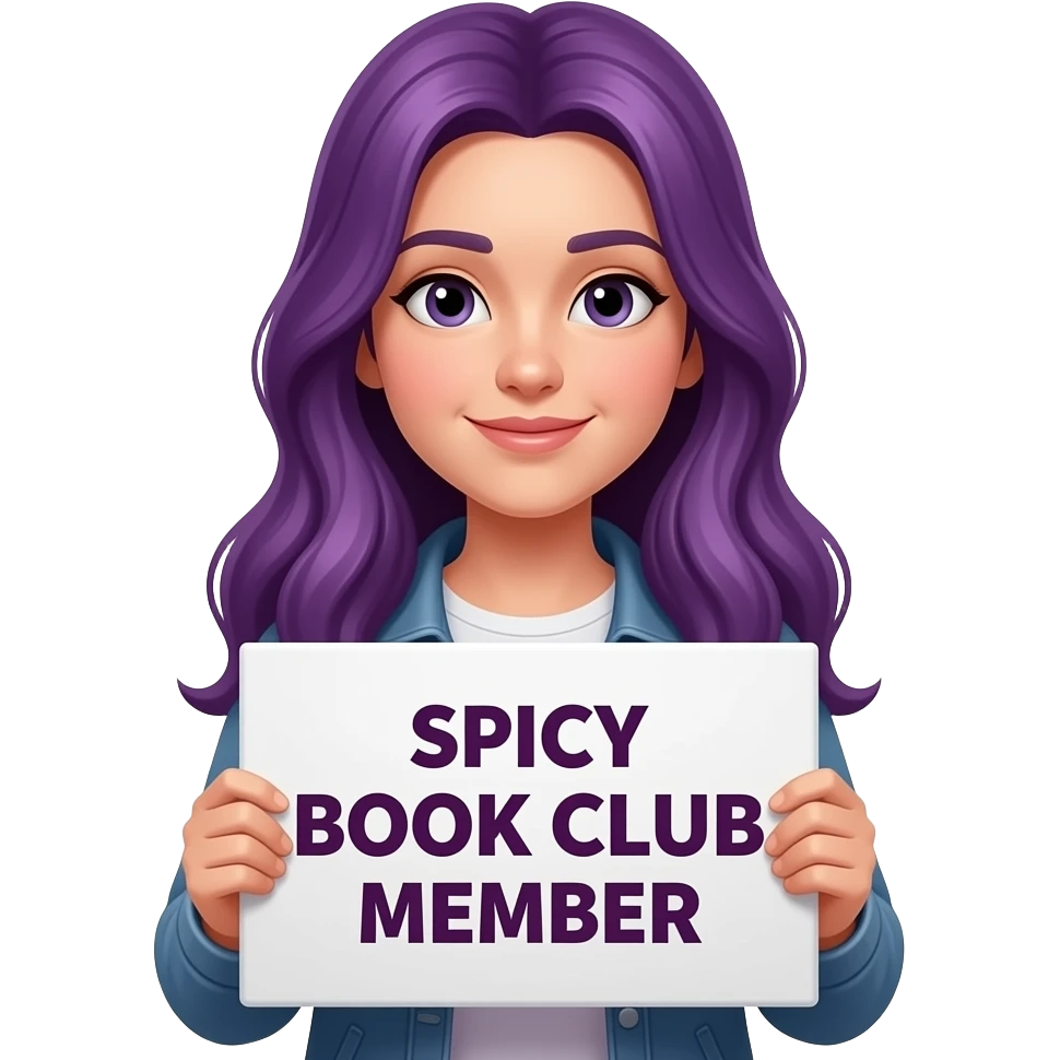 girl with long purple hair holding a SPICY BOOK CLUB MEMBER sign emoji