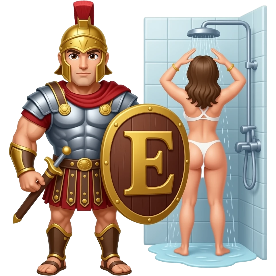 Muscular Roman soldier bald with brown eyes the Letter E on the shield with empress in shower facing away nude ass emoji