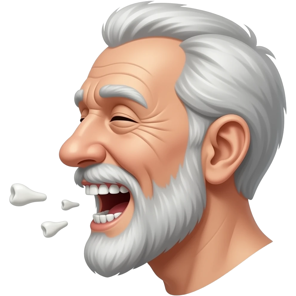 side view of an old man laughing with his dentures flying out of his mouth leaving him toothless emoji