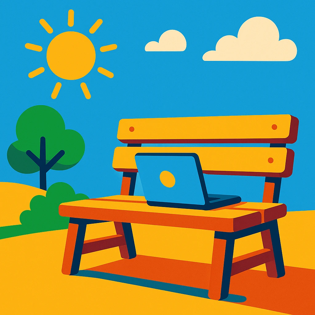 a bench in the sun with a laptop, vibrant illustration emoji