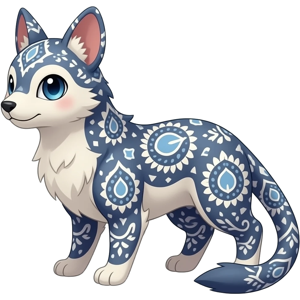 Damask-paisley-patterned ancient Short-legged quadrupedal elegant oriental feral painted Absol-Glaceon-Sylveon-animal-Fakémon-fusion-hybrid-creature emoji