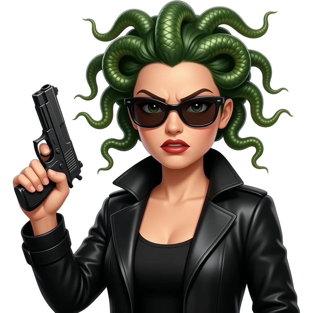 Angry beautiful female Medusa in black coat with sunglasses holding gun emoji
