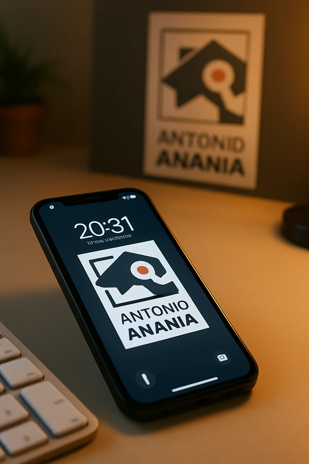 A photo of an iPhone on the desk with the message "Antonio Anania" on its screen, The phone sits atop a desk with a blurred background that suggests work environment. A faint glow from above casts gentle shadows across the surface of each object, creating depth and highlighting their textures emoji