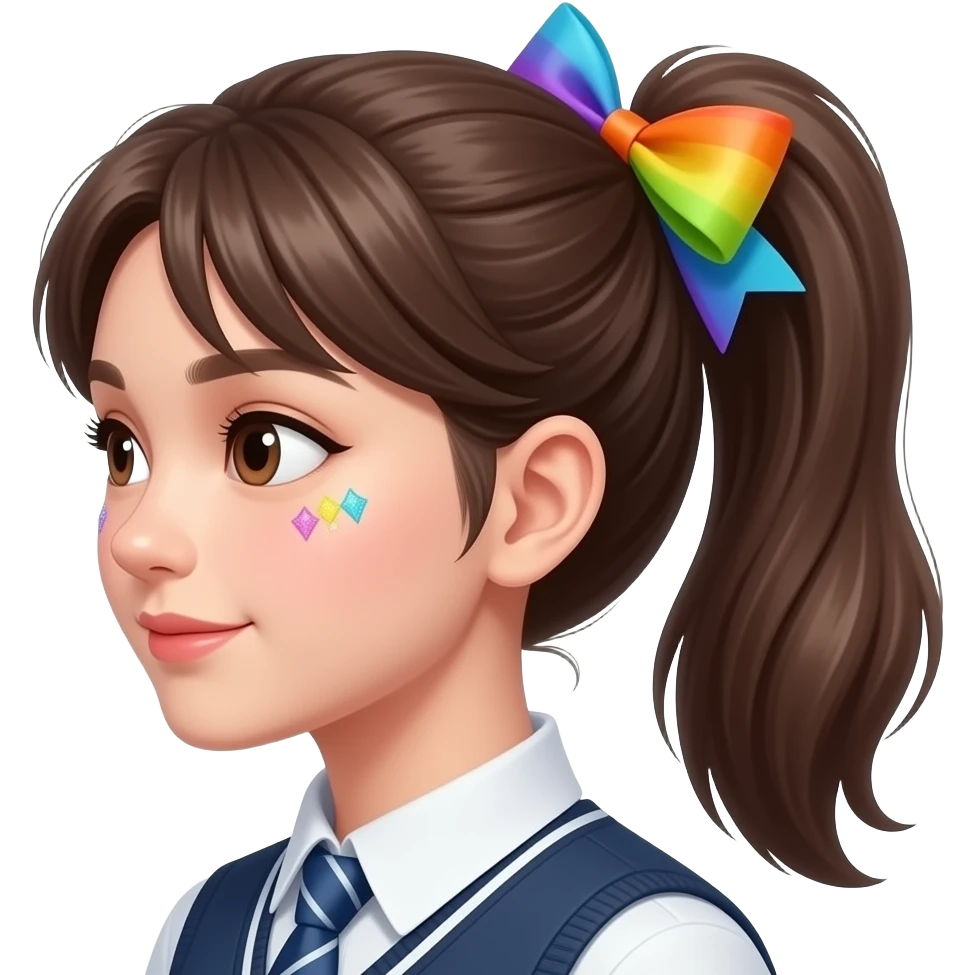 The female students tie their hair in a high ponytail, adorned with a brightly colored bow and a little glitter at the corners of their eyes or on their cheekbones. emoji