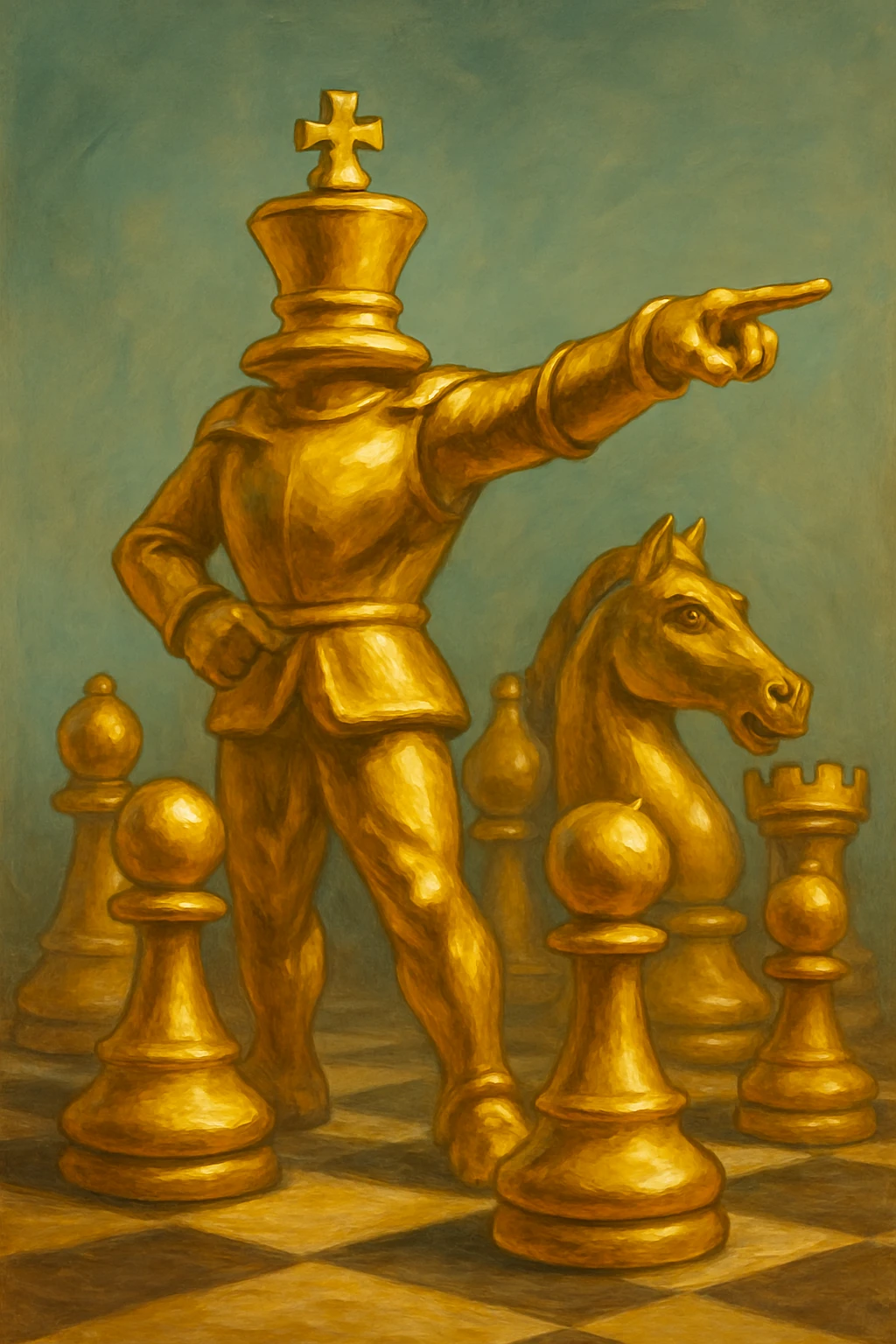 В cлегка рисованной, но при этом объемной, яркой и фотореалистичный стилистике сгенерируй картинку где по центру стоит шахматный король сделанный из качественного золота, он указывает пальцем в даль как военноначальник, а рядом фигуры пешек, конь, ладья, слон идут в атаку, на полу виднеется шахматная доска, фон позади фигур однотонный emoji