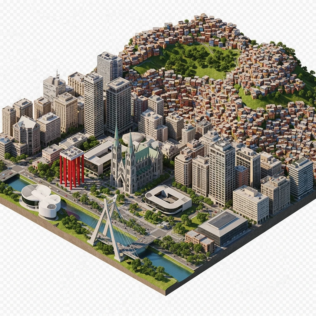 Isometric miniature of São Paulo Catedral da Sé, MASP on red pillars, Octávio Frias Bridge, and Altino Arantes building, favelas on hillsides, dense chaotic urban blocks, and green parks 3D miniature effect and Tilt Shift effect, no cartoonish look, transparent background. emoji