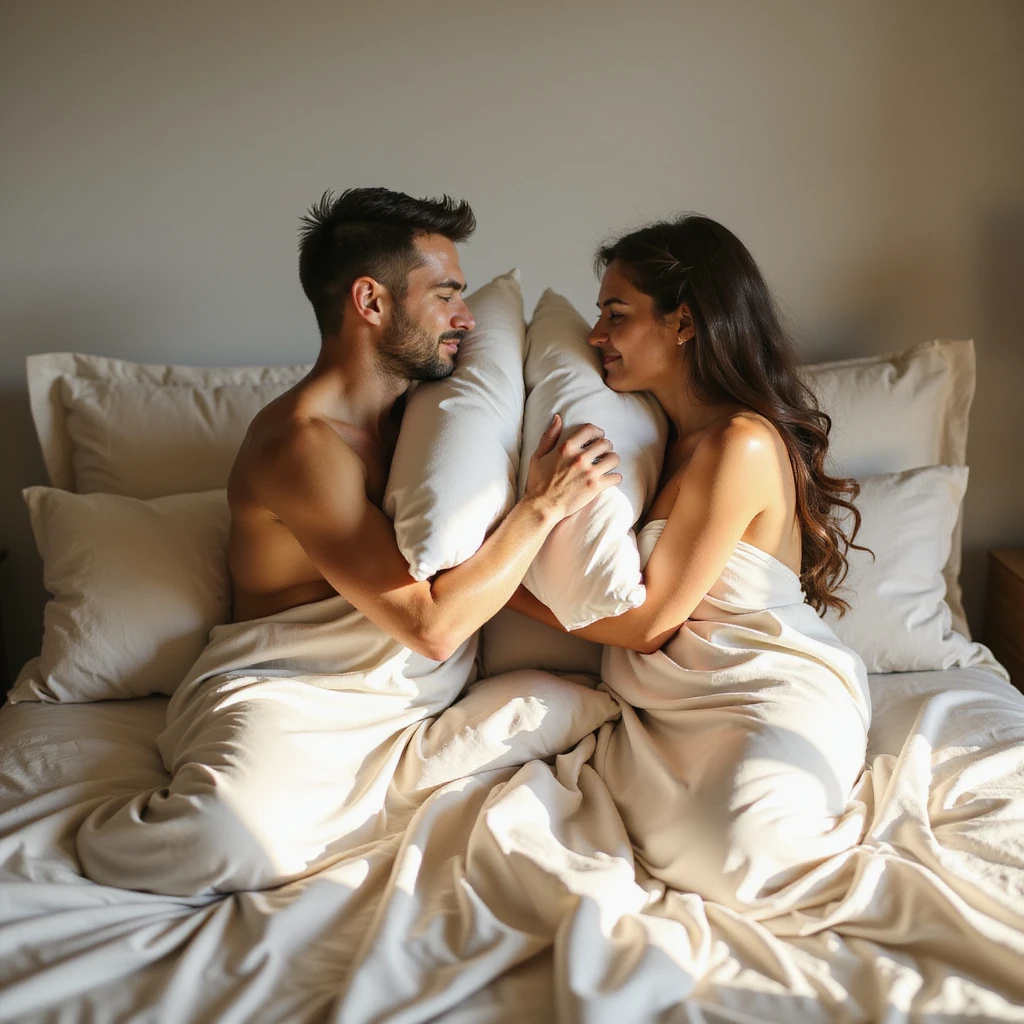 realistic illustration of a couple playfully having a pillow fight on a bed with luxurious silk sheets, natural lighting, soft textures, warm tones emoji
