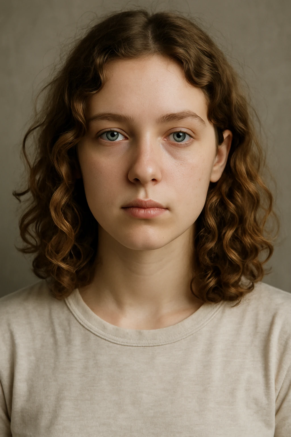 white girl with dark blonde shoulder length curly hair and blue-green eyes, neutral expression, upper body portrait emoji