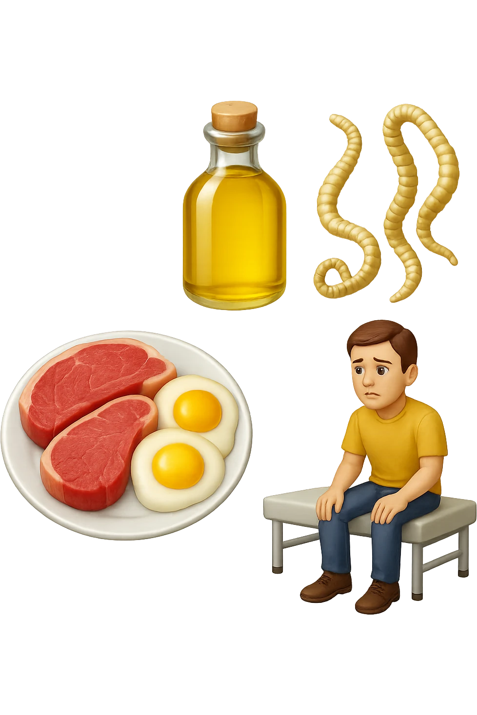 emoji stile iphone di UN PIATTO CON CARNE ROSSA E UOVA, UNA BOTTIGLIA DI OLIO DI SEMI, DUE PARASSITI TIPO LA TENIA, UOMO SEDUTO SU UN LETTINO DA FISIOTERAPISTA, IPERREALISTICO 4K emoji