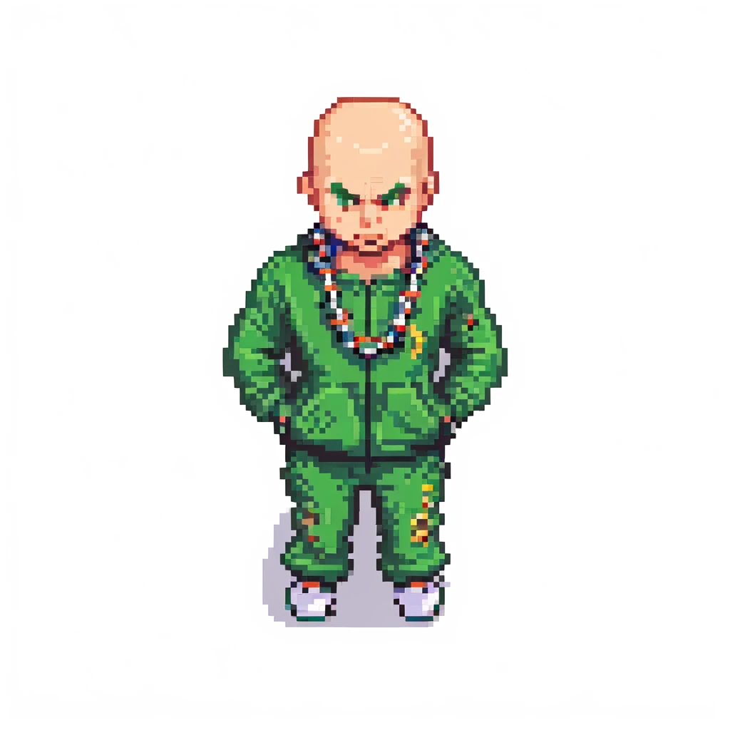 Pixel art thug in tracksuit, holding chain, bald head, angry expression, side view, retro arcade sprite
 emoji