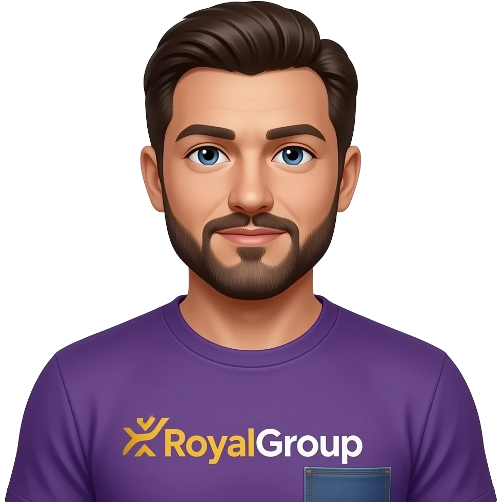 this same guy in royal group t-shirt, the logo being one connected word "RoyalGroup" - 'Royal' in goldenrod yellow and 'Group' in white,, with dark brown hair, manicured beard and mustache, medium toned skin, classy jeans, tshirt untucked purple color and classy adidas shoes/ sneakers emoji