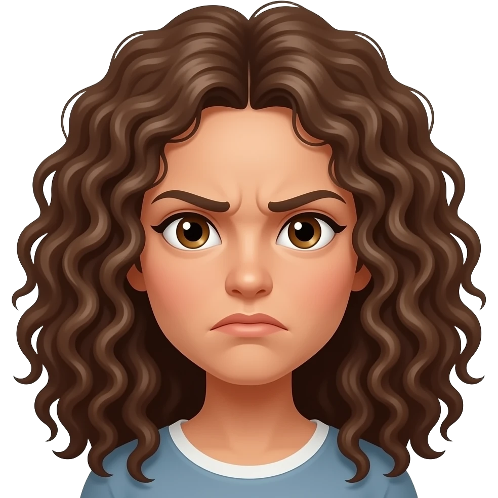 The head of a woman with brown eyes, long really curly messy hair, rolling her eyes annoyed emoji