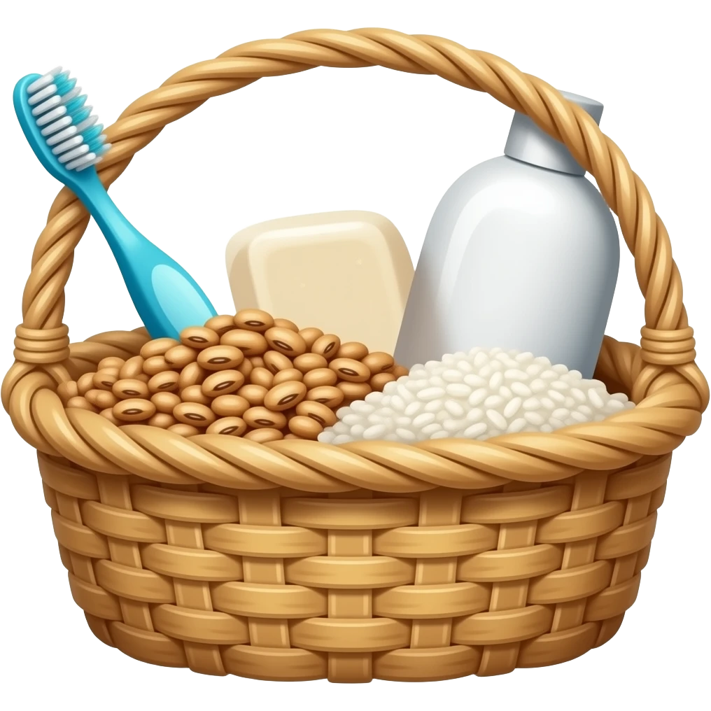 genera una canasta con elementos de aseo, alimentos no perecederos como frijoles y arroz emoji