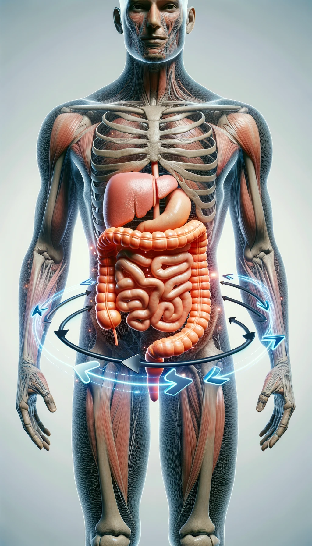 corpo umano anatomico con intestino umano anatomico con frecce 3d che gli girano intorno, sfondo chiaro, iperrealistico 4k emoji