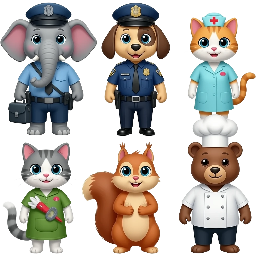 Postman elephant, security guard dog, nurse cat, florist cat, teacher squirrel, and chef bear emoji