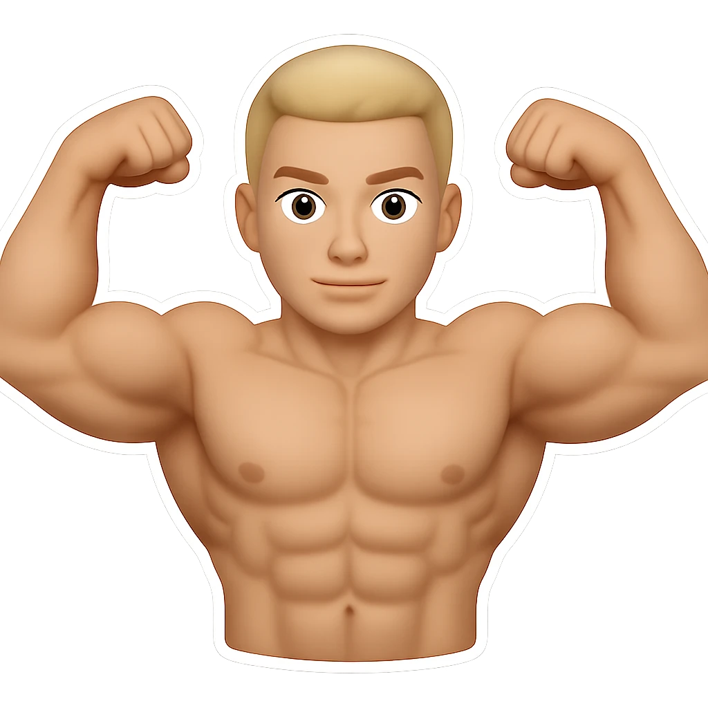 Recreate this exact body builder image in high resolution, keeping the same pose, facial expression, and style. Remove the background and make it transparent. Maintain the original style and details as closely as possible. emoji
