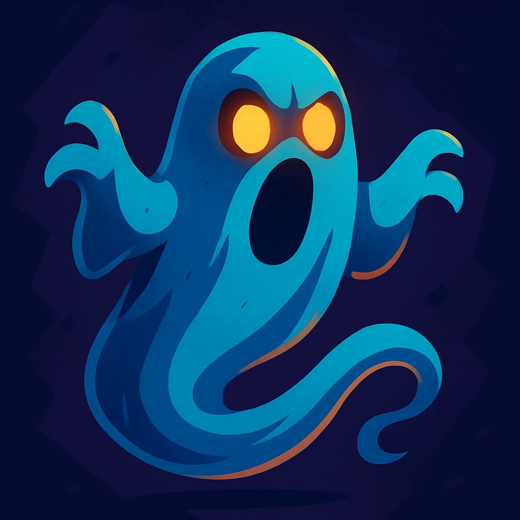 spooky ghost with glowing eyes, wispy tail, dark background, cartoon style emoji