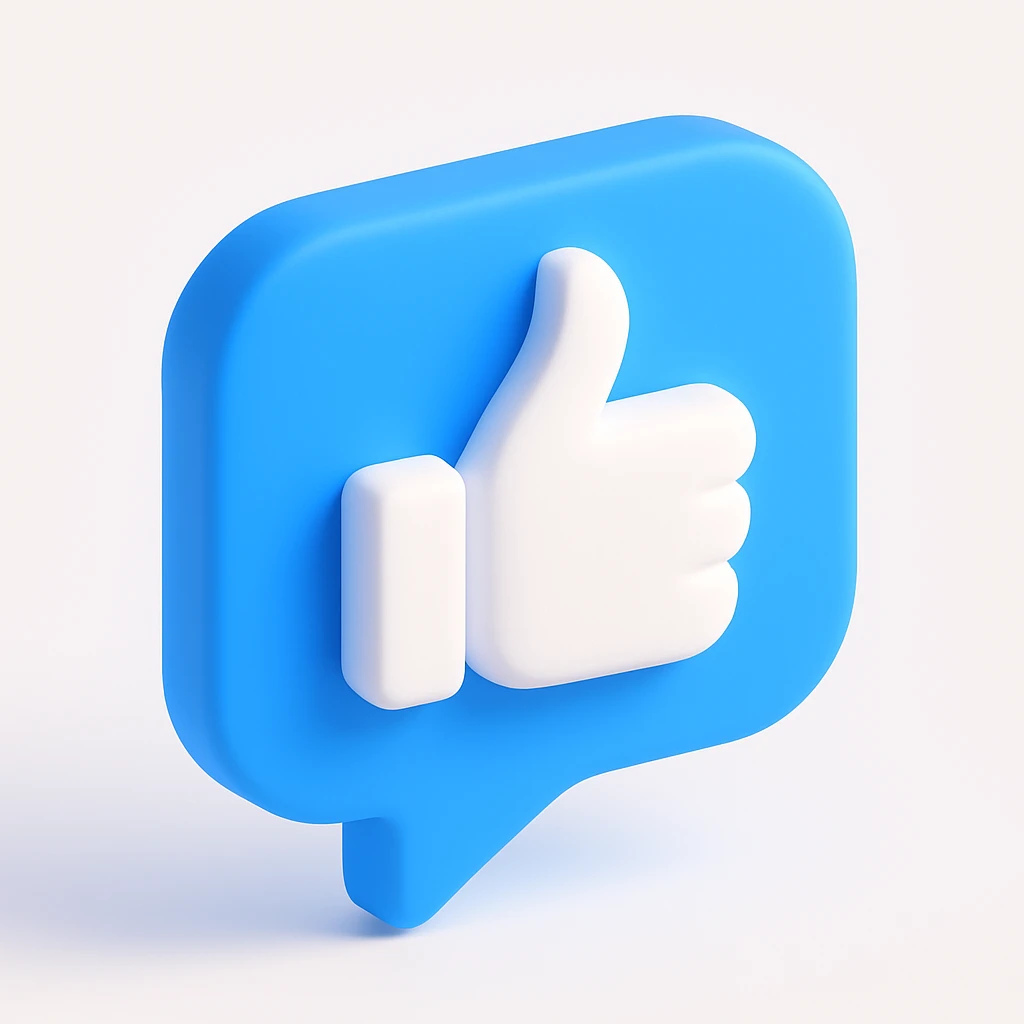 3D thumbs up like icon, white thumb on bright blue speech bubble, modern social media style, floating, high gloss, minimal design, centered emoji