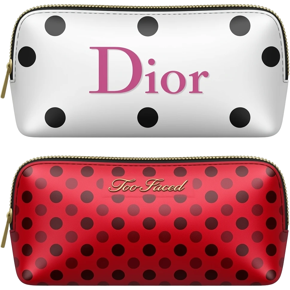 makeup puch with products Dior rhode too faced etc the makeup pouch without a face, polka dot white with black dots with Dior pink and the other one red emoji