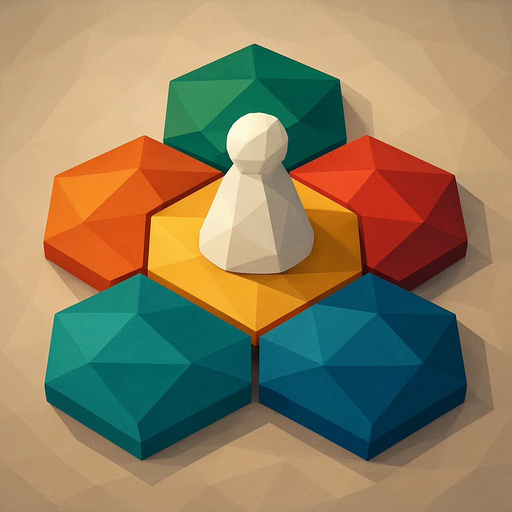 board game icon with bold, saturated hexagonal tiles, refined color palette, grown-up vibrant look emoji