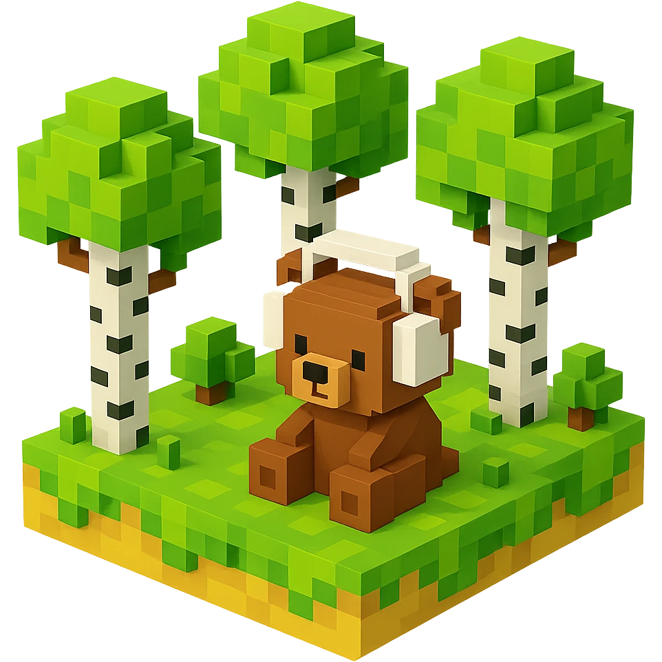 березовый лес, в котором сидит бурый медвежонок в белых наушниках, no background  emoji