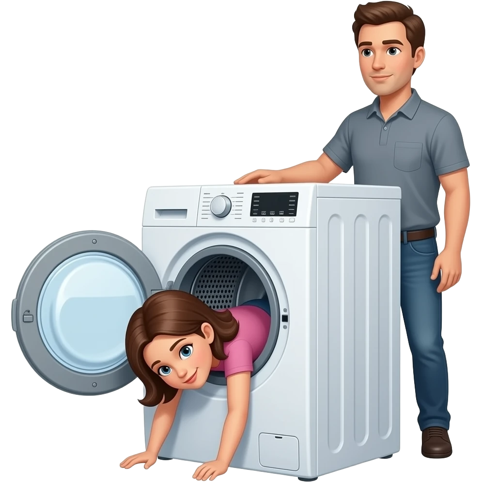Un homme derrière une femme qui c'est bloqué juste la tête dans une machine a laver et le reste du corps devant la machine a laver emoji