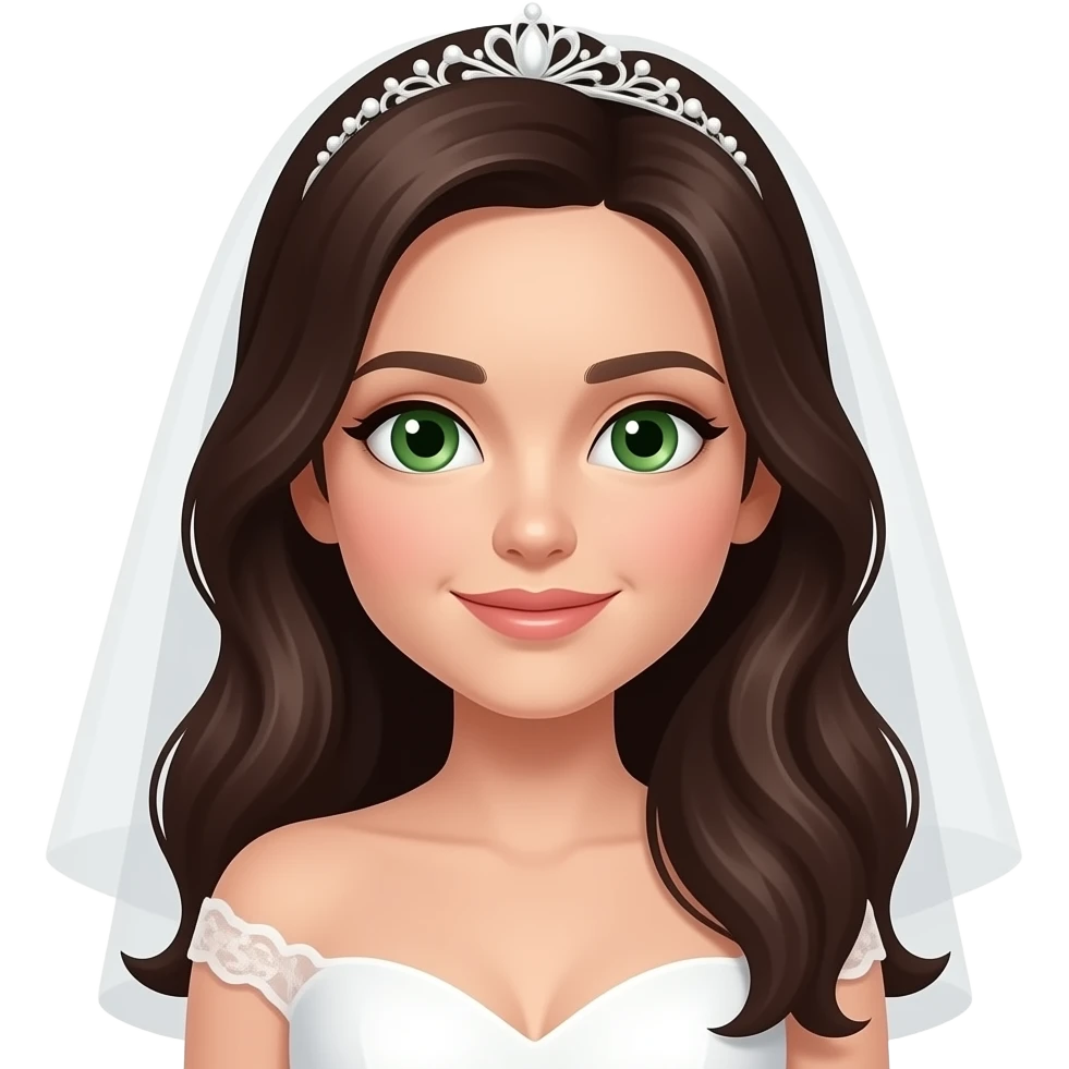 bride white skin with dark brown hair and green eyes. cute emoji style emoji