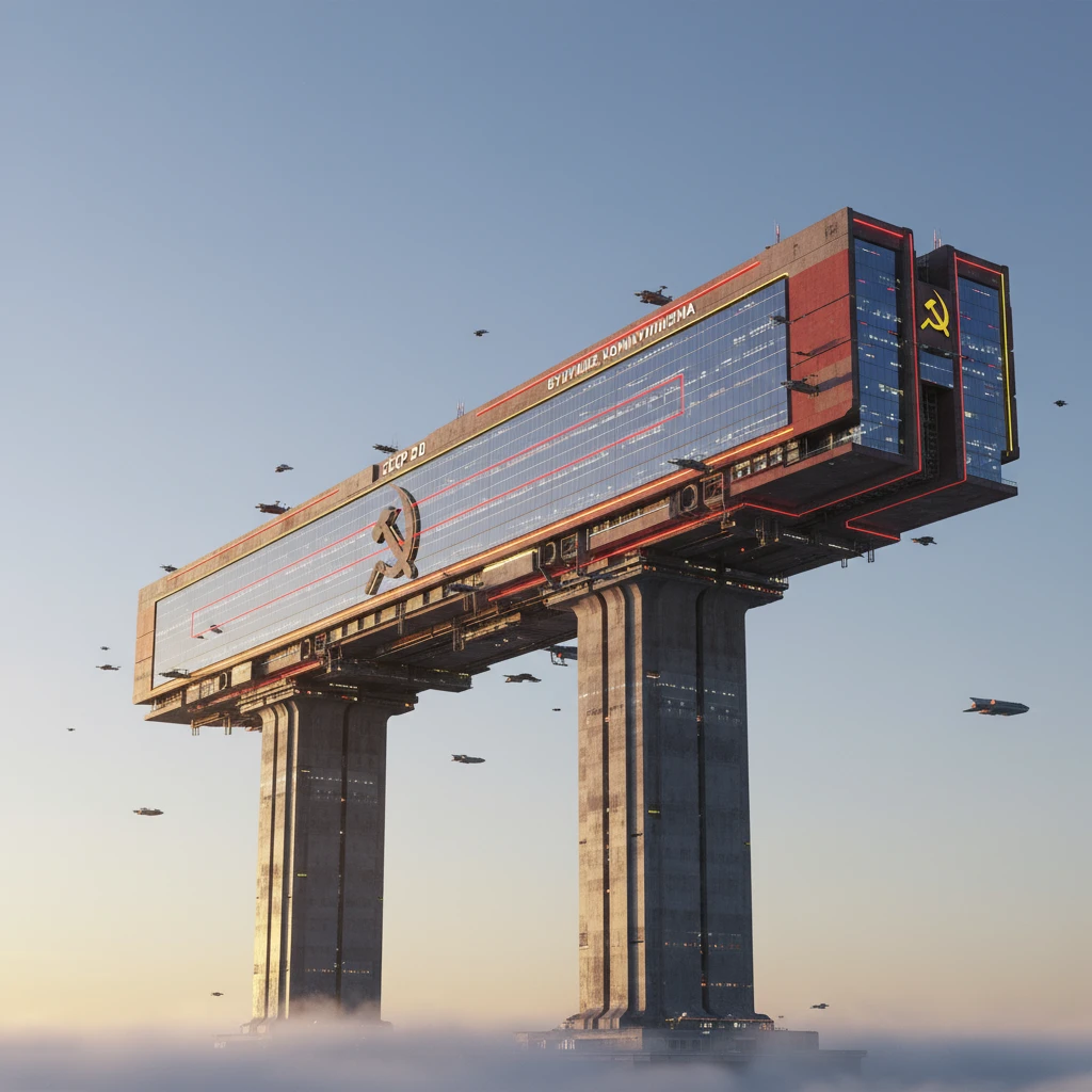 Небоскреб как будто из альтернативного СССР будущего. Две высокие стойки, как столбы. На них лежит огромный горизонтальный небоскреб, очень длинный в обе стороны.

Фотореализм. Прозрачный фон emoji